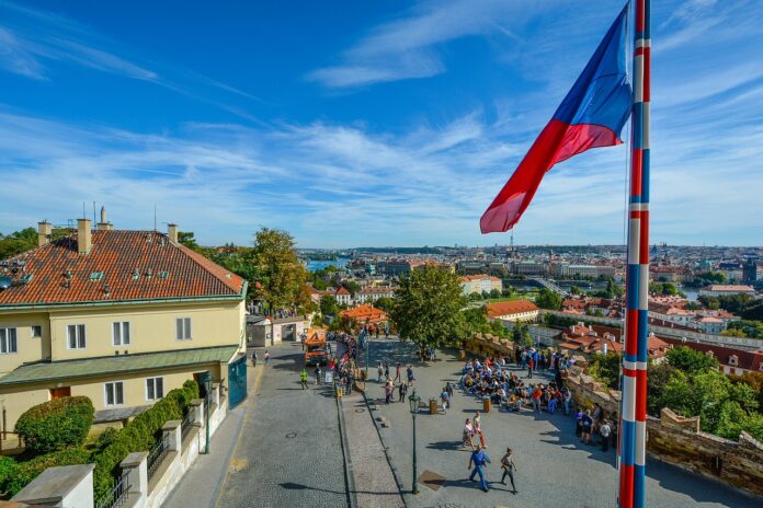 prague, castle, czech, flag, view, river, travel, prague castle, tourism, blue, skies, square, bohemia, views, scenic, landscape, cityscape, european, vltava